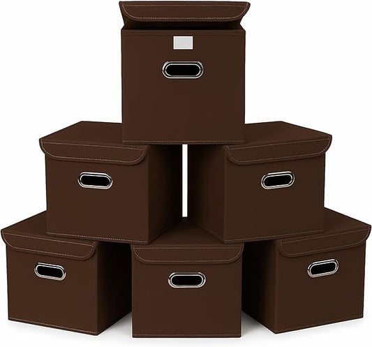 Closet Organizers Fabric Storage Bins With Lids Collapsible Cube Storage Organizer Basket With Handles,Storage Boxes for Clothes Storage,Office,Laundry,Shelves,6 Pack,（Coffee）