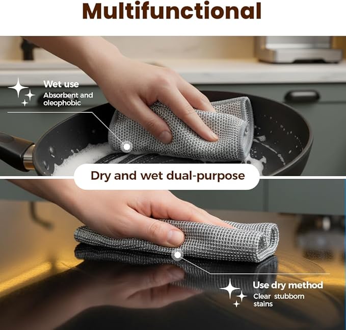Multipurpose Wire Dishwashing Rags for Wet and Dry, 2026 New Multifunctional Non Scratch Metal Wire Dishcloth, Reusable Premium Metal Scrubbing Pads Sponge Clean for Home Kitchen Cooktop (5PCS)