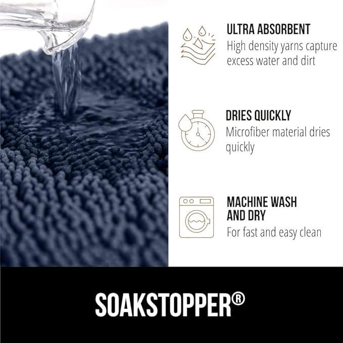 GORILLA GRIP SoakSTOPPER Dog Door Mat, 36x24 Machine Washable Rug Absorbent Doormat Captures Moisture Mud Dirt, Quick Dry Soft Chenille Entryway Rugs Indoor Entrance Mats for Dog Paws, Navy Blue