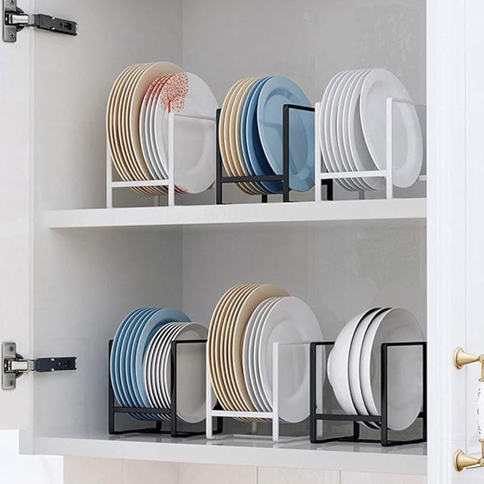 2PCS Plate Holders Organizer, Metal Dish Storage Dying Display Rack for Cabinet, Counter and Cupboard - White， Small