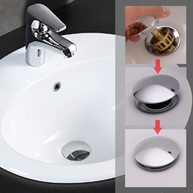 Bathroom Basin Sink Push Button Drain Stopper with Removable Brass Strainer Basket, with Overflow Chrome Push Pop Up Drain Assembly Polished Chrome,83606-1C.