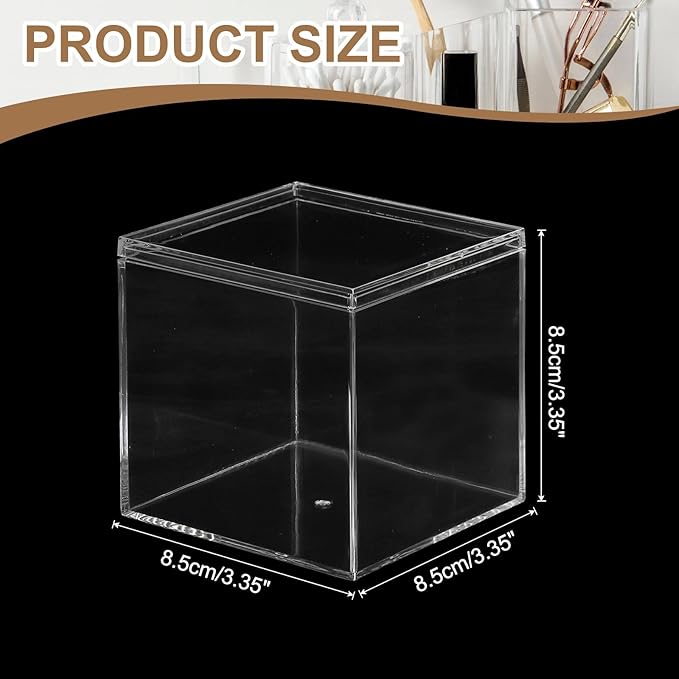 Acrylic Box with Lid, 3.35 x 3.35 x 3.35 in Acrylic Display Case Plastic Square Cube Container Storage Holder Stackable Bins for Cosmetic Collectible Candy Jewelry(2 Pack, Clear)