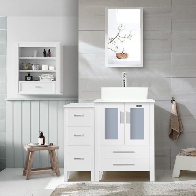 eclife 36" Modern Bathroom Vanity Sink Combo Freestanding Cabinet with Small Side Cabinet, White Rectangle Ceramic Vessel Sink, Water Save Faucet, Drain (White+T03)