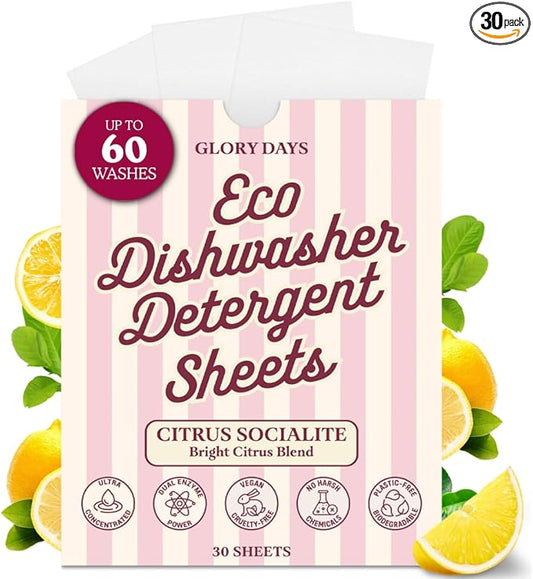 Glory Days Dishwasher Sheets – Citrus Socialite | Eco Friendly, Clean Dishwasher Detergent | Dual Enzyme, Plastic-Free, Vegan | 30 Count