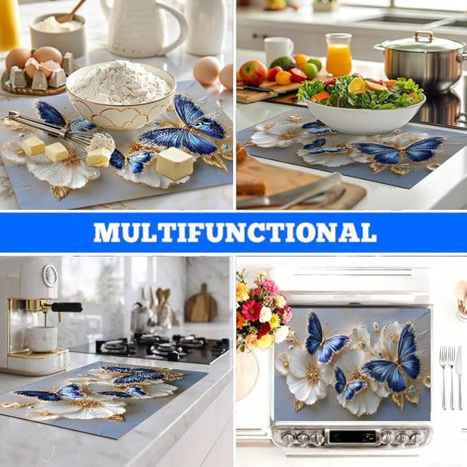 Stove Top Covers for Electric Stove, Grease-Resistant Stove Cover, Dust-Blocking Surface Shield, Reusable Countertop Mat, 28.3 x 20.5 Inches, Blue Butterfly Floral Decor(Butterfly)