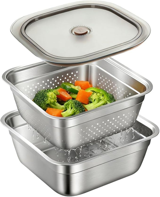 Stainless Steel Washing Up Bowl Set, Square Dish Tub with Colander&Lid, Multi-purpose Fruit Vegetable Washing Basin with Strainer for Sink, Kitchen Preparation, Wshing,Storage, 11in*4in