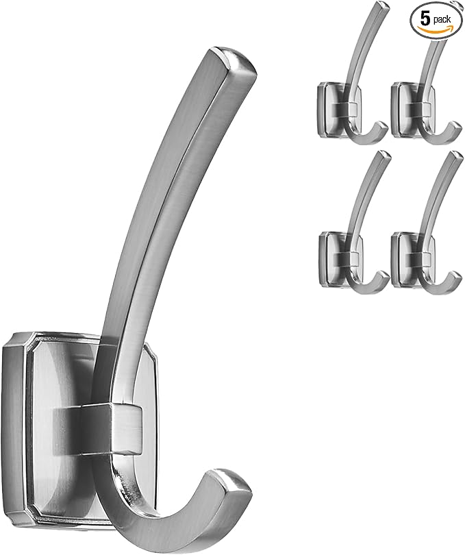 TUNNY Coat Hooks Square Base Wall Hanging - Matte Brushed Nickel Coat Hooks, 5 Pack, for Entry Shoe Cabinet, Wardrobe Bathroom Bedroom Furniture Hardware
