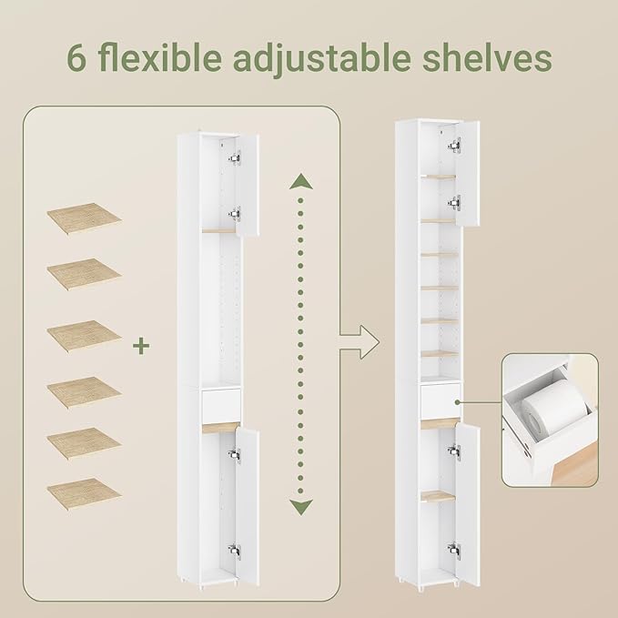 SoBuy Bathroom Narrow Storage Cabinet Skinny Tall Unit with Adjustable Shelves Slender Anti-Tipping Floor Standing Cupboard, White & Natural BZR34-WN