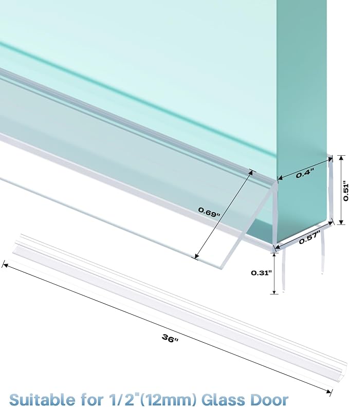 Shower Door Bottom Seal Strip, 2PCS Seal Strip, Clear PVC, 36" Length, Fits 12mm Thick Glass, Prevents Leaks, Easy Installation, No Adhesive Required (Black, 36in for 1/2"(12mm) Door)