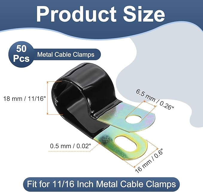 PATIKIL 11/16 Inch Vinyl Coated Cable Clamps, 50 Pack Galvanized Steel Metal Cable Clips Rubber Cushion Insulated Pipe Clamps for Tube Lines Cord Wire Management, Black