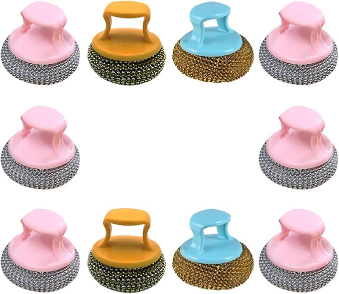 YARNOW 10pcs Stainless Steel Scrubber Metal Sponge Steel Scouring Pad Wire Pot Brush with Handle Kitchen Cleaning Brush for Home Dish Pot Coffee Maker Bowl
