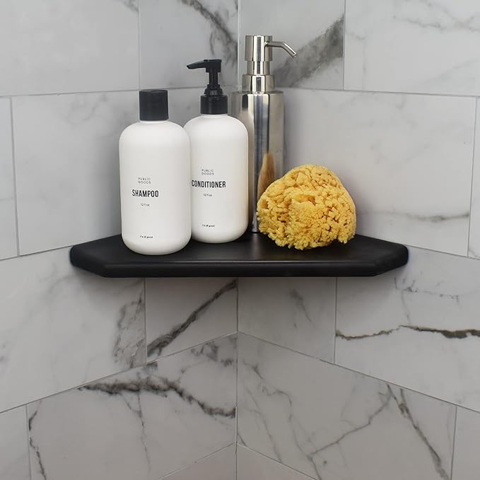 Questech 10" Corner Shower Shelf - Lugged for New Construction, Shower Organizer for Tiled Walls, Corner Caddy Soap Dish Bathroom Storage, Geo Lugged, Graphite Black