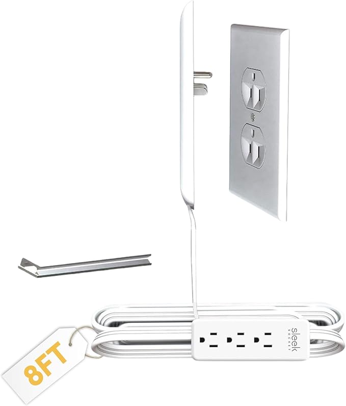 Sleek Socket Original & Patented Pet Proofing Outlet Concealer for Inverted Outlets with Protective Cord Clips, 8-Foot Flat Extension Cord with Multiple Outlets, Safeguard from Chewing Dangerous Cords