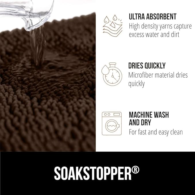 GORILLA GRIP SoakSTOPPER Dog Door Mat, 30x20 Machine Washable Rug Absorbent Doormat Captures Moisture Mud Dirt, Quick Dry Soft Chenille Entryway Rugs Indoor Entrance Mats for Dog Paws, Brown