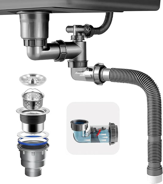 Kitchen Single Sink Drain Kit Space Saving Flexible Pipe 1 1/2" P-Trap with 3-1/2 Inch Sink Drain Assembly Kit 304 Stainless Steel
