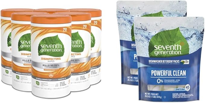 Seventh Generation Disinfecting Multi Surface Wipes, Botanical Disinfectant, 70 Count, Pack of 6 & Fragrance Free Dishwasher Detergent Pack, 45 Count, 2 Pack