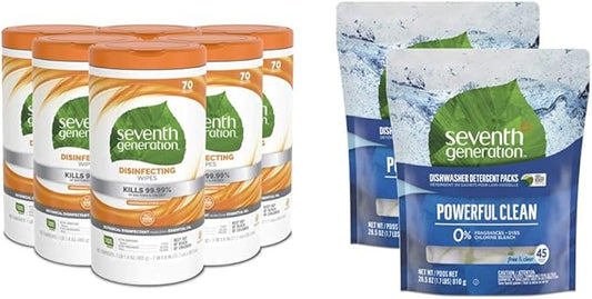 Seventh Generation Disinfecting Multi Surface Wipes, Botanical Disinfectant, 70 Count, Pack of 6 & Fragrance Free Dishwasher Detergent Pack, 45 Count, 2 Pack