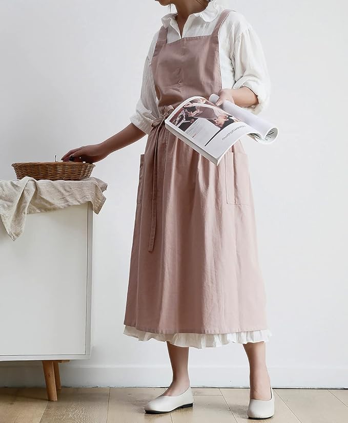 VLZUFE Women Cotton Linen Cross Back Apron with Pockets for Gardening Works Pinafore Dress