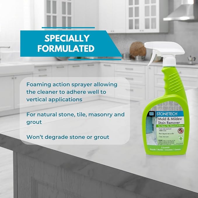 StoneTech Mold and Mildew Stain Remover Cleaning Kit | Kitchen, Patio, Shower, and Bathroom Cleaner for Natural Stone, Tile, and Grout, 2-Pack 24-Ounce Spray with Microfibers and Crevice Brushes