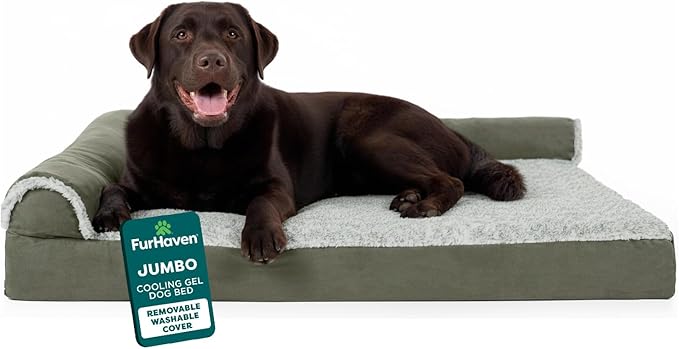 FurHaven Cooling Gel Dog Bed for Large Dogs, L-Shaped Chaise with Cool Gel-Top Foam & Solid Orthopedic Foam Base for Joint Support, Washable Cover, Jumbo/XL, Plush Faux Fur & Suede, Dark Sage