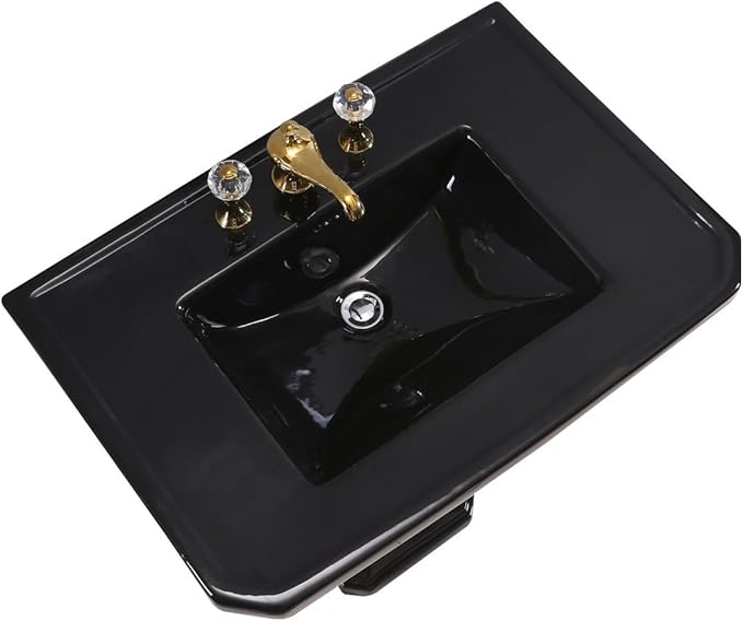 Victoria 32" Large Black Pedestal Bathroom Sink With Overflow Heavy Duty Porcelain Pre-Drilled Widespread Faucet Holes Renovators Supply Manufacturing