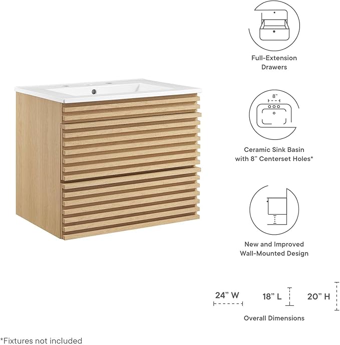 Modway Render 24" Wall-Mount Bathroom Vanity in Oak White