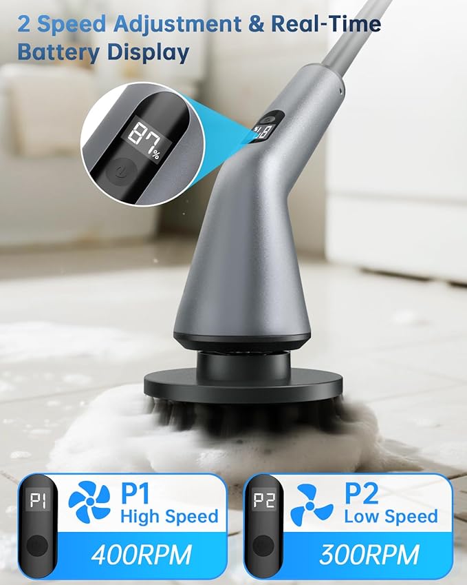 VICNOVA Electric Spin Scrubber, IPX7 Waterproof 2-Speed, Extendable Long Handle Cordless Cleaning Brush with 7 Replacement Brush Heads for Bathroom Car Shower Bathtub Glass Tub Tile Floor