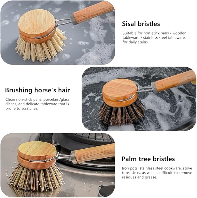 Dish Brush with Handle - 1 Sturdy Wooden Handle with 3 Natural Bristle Heads All-Purpose Kitchen Scrubber, Bamboo Wok Brush Fruit & Veggie Scrubber Eco-Friendly Brush for Pots, Pans, Oven