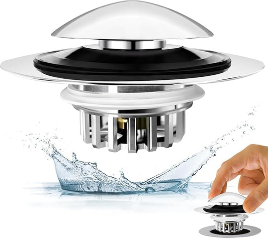 Bathtub Drain Stopper, Pop Up Tub Drain Hair Catcher, Bath Tub Drain Plug and Cover for 1.45-1.8in Drain Hole, Replaces Lift and Turn, Tip Toe or Trip Lever, Silver