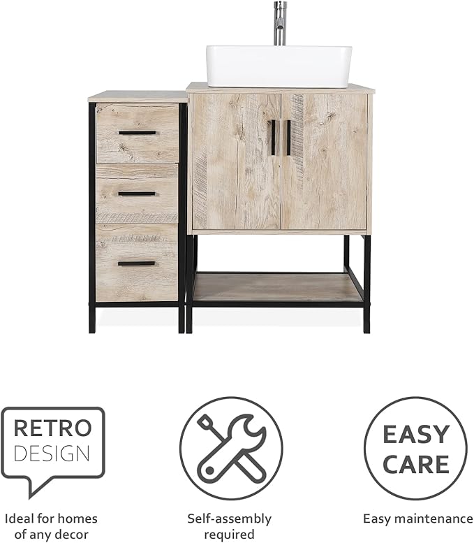 eclife 36" Bathroom Vanity Sink Combo Modern Metal Stand Cabinet W/Bottom Shelf & Storage Side Cabinet White Rectangle Vessel Sink & Water Save Faucet & Pop Up Drain, Oak (T03)