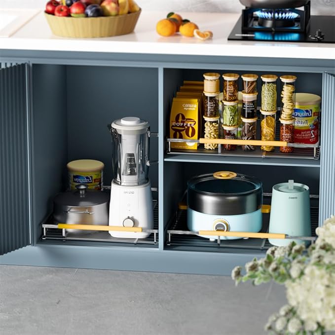 SANNO Expandable Pull Out Cabinet Organizer Slide Out Shelf, Bottom-Mounted Cabinet Sliding Shelf Expandable Shelves for Cupboard Pantry Closet Pots Pans,1pack