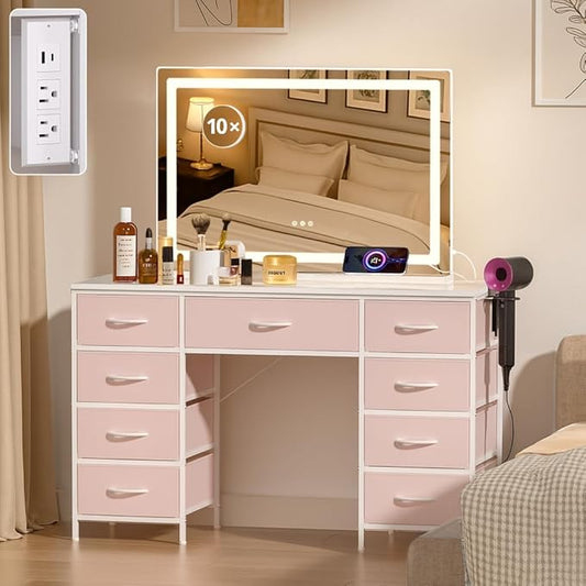 COMHOMA Vanity Desk with Large Mirror,LED and Power Outlet,Makeup Table with 9 Storage Drawersand HD Mirrors,3 Color Modes Adjustable Lighting for Bedroom Dressing Room (Pink, 35inch)