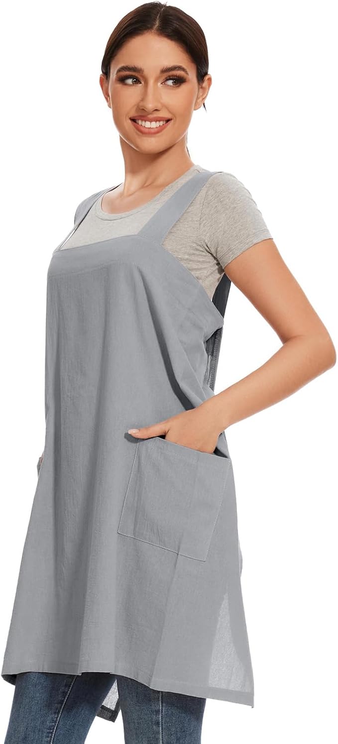 Women Apron with 2 Pockets Cotton Linen Kitchen Baking Cooking Chef Cross Back Pinafore Dress