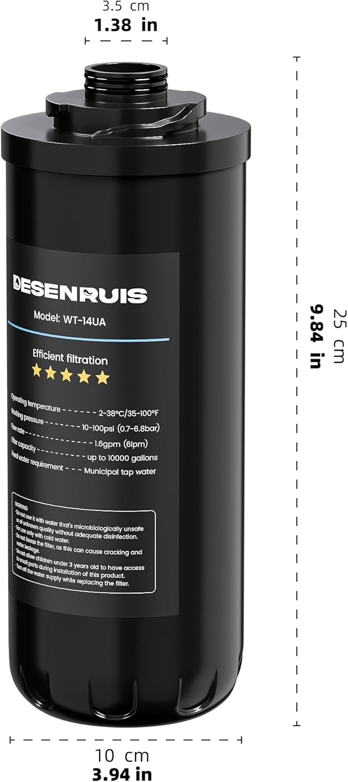 WT-14UA Replacement Filter Cartridge for 14UAF, Reduces 99.99% Chlorine, Bad Taste & Odor, Under Counter Water Filter Direct Connect to Kitchen Faucet, 10000 Gallons High Capacity, By DESENRUIS
