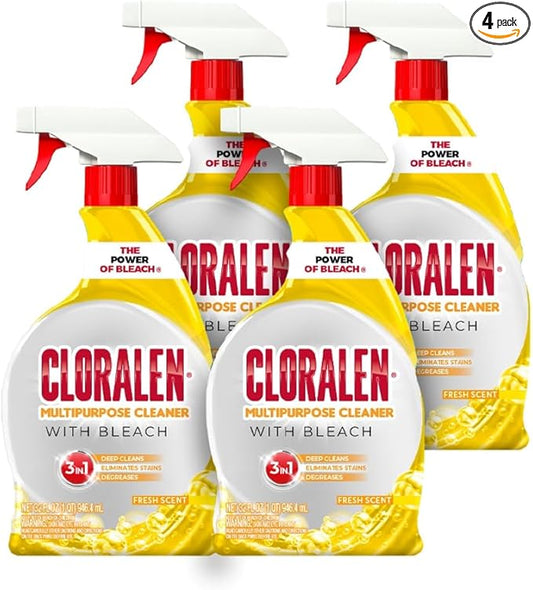 Cloralen All Purpose Cleaner with Bleach Spray - 32 fl oz - Fresh Scent - 3-in-1 Multipurpose Cleaner Spray - Deep Cleans, Eliminates Stains & Degreases (Pack of 4)