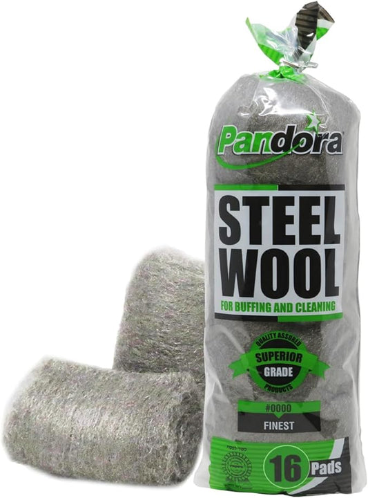 Pandora Steel Wool #0000 - Finest Grade, 16 Pads for Buffing and Cleaning - Quality Metal Strands - Ideal for Windows and Furniture