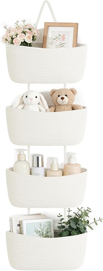 Dahey Over The Door Hanging Basket 4-Tier Woven Boho Wall Mounted Storage Organizer with Hooks for Bedroom Nursery Bathroom Apartments Dorm Pantry Decor, White