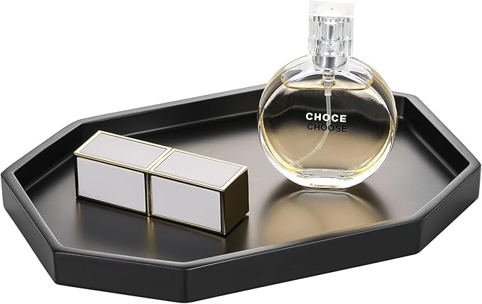 Emibele Vanity Tray - Resin Bathroom Jewelry Ring Dish, Small Octagon Perfume Tray for Dresser Countertop, Candle Decorative Tray, Toilet Tank Kitchen Sink, Marble Home Decor, Matte Black