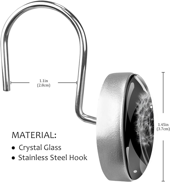 Dandelion Crystal Glass Shower Curtain Hooks for Bathroom Shower Rod, 12Pcs Round Home Decorative Shower Curtain Rings, Bathroom Bedroom Living Room Accessories