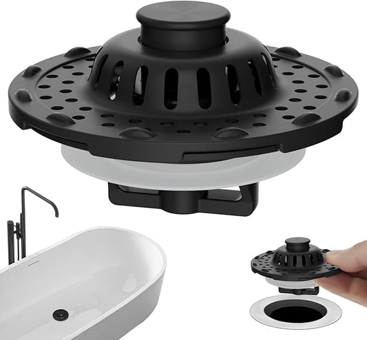 Universal Bathtub Drain Stopper Shower Drain Hair Catcher, Tub Stopper with Visible Top Strainer, Upgraded 3 in 1 Pop-up Drain Plug Fit for 1.5 to 2.4" Hole, Stainless Steel Filter Basket, Matte Black