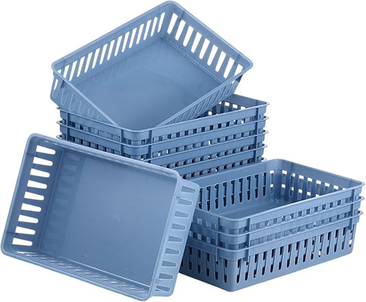 Wenqik Set of 12 Small Plastic Baskets for Organizing 10.24 x 6.5 x 2.36 Inch Pharmacy Baskets Rectangular Trays Plastic Organizer for Office Pharmacy Dorm Kitchens, Closets Shelves(Haze Blue)