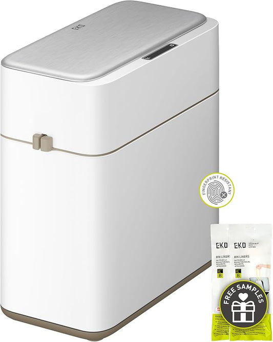 EKO Automatic Bathroom Trash Can with Lid, 2.1 Gallon Touchless Garbage Bin with Removable Bucket, Slim Stainless Steel Garbage Bin, Motion Sensor Trash Can for Bathroom, Bedroom, Office, White