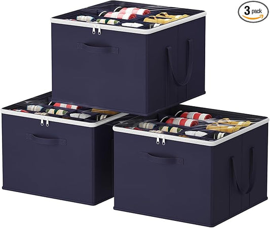 Lifewit Shoe Storage Organizer for Closet, Fabric Large Shoe Box Storage Containers with Clear Cover, Foldable Bins for Boots Heels Sneakers Fits 36-48 Pairs (Each 12-16 Pairs) 3 Pack Blue