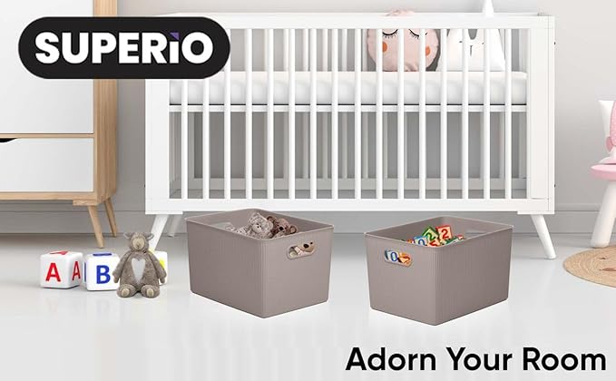 Decorative Plastic Basket Open Home Storage Bins Organizer, X-Large Taupe (4 Pack) Container Boxes for Organizing Closet Storage Bins for Shelves Drawer Shelf - Ribbed Collection 22 Liter/23 Quart