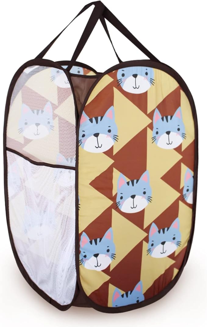Cute Foldable Laundry Toys Tidy Clothes Socks Basket Storage Bag (Brown Plaid Cat)