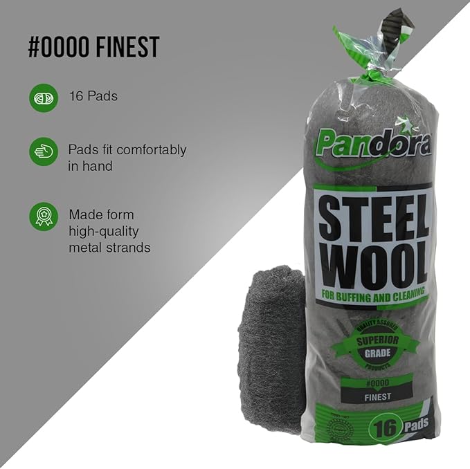 Pandora Steel Wool #0000 - Finest Grade, 32 Pads for Buffing and Cleaning - Metal Strands - Ideal for Windows and Furniture