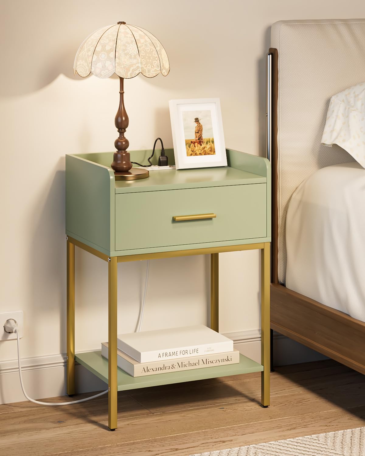 Nightstand with Charging Station,3-Tier Modern Bedside Table - Image 1