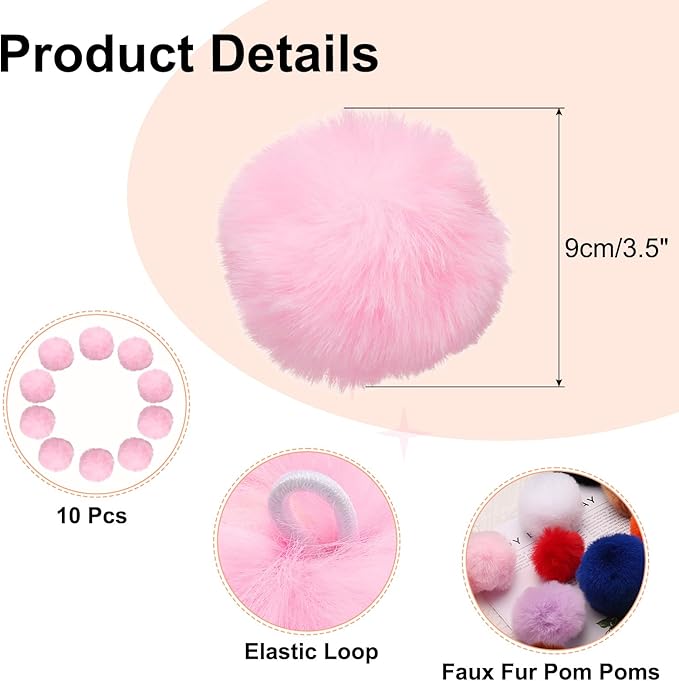 uxcell 3.5 Inch Faux Fur Pom Pom Balls, 10 Pcs Light Pink Fluffy Soft Faux Fur Pom Poms for Hats with Elastic Loop for DIY Knitting Hats Keychain Scarves Gloves Bags Shoes Accessories