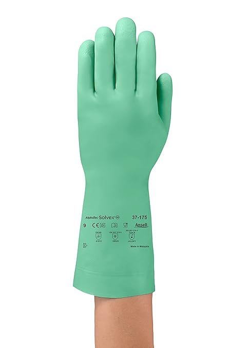 Ansell AlphaTec Solvex 37-175 Flocked Chemical-Resistant Gloves for Cleaning, Agriculture, Food, Mechanics, Oil - XS, Green (3 Pairs)