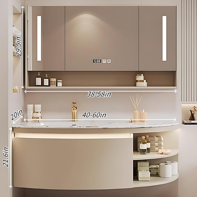 44IN Floating Bathroom Vanity, Wall Mounted Wood Sink Cabinet with Smart Sensor LED Light Strip & Open Style Side Cabinet | LED Lights & Defogging Function, Single Sink Vanities Set (Beige)